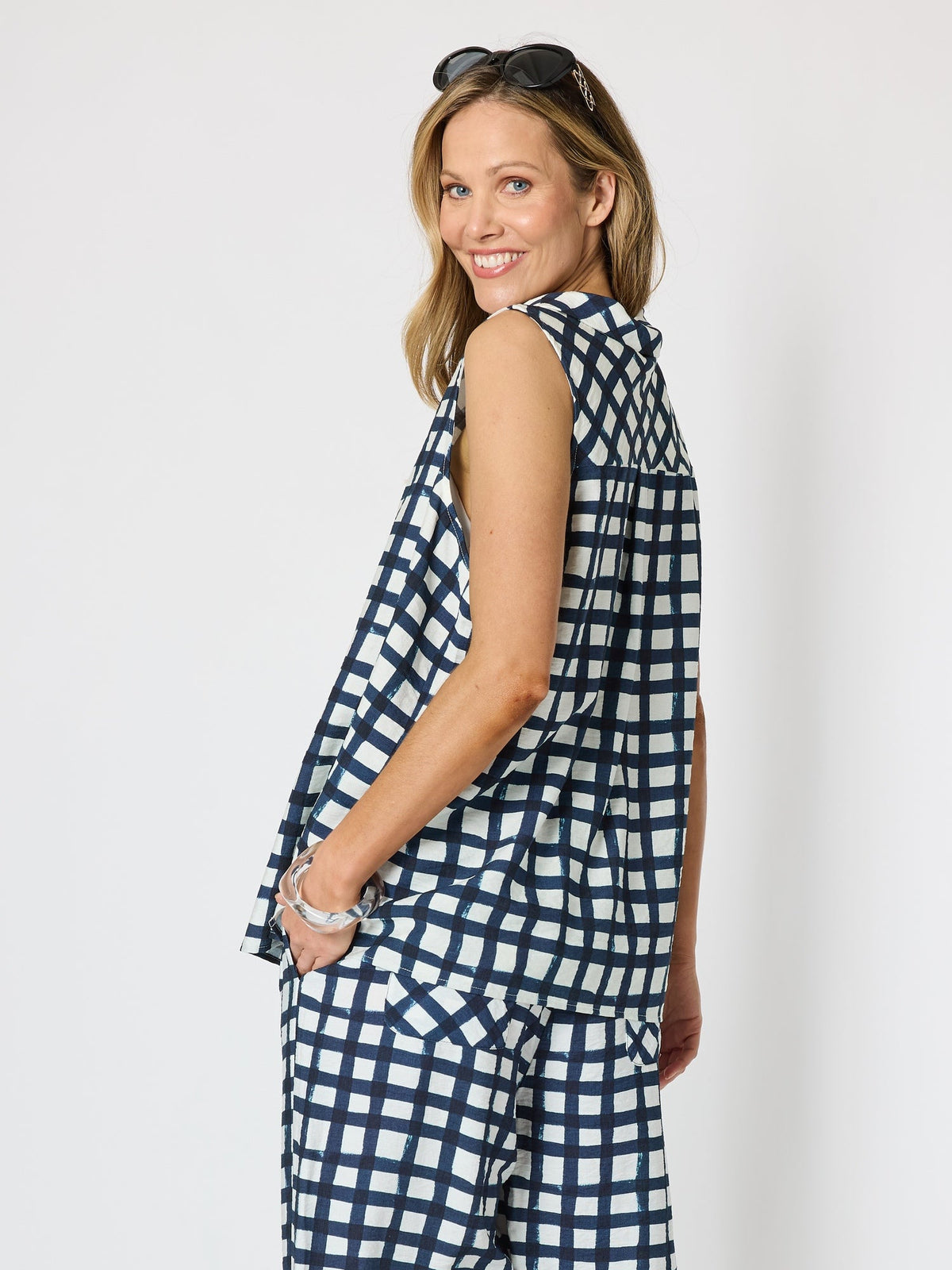 Clarity Monaco Grid Print Top - Navy/White in Navy/White