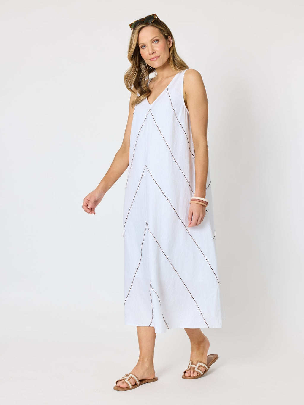 Hammock & Vine Haven Chevron Stitch Linen Dress - White Mocha in White Mocha