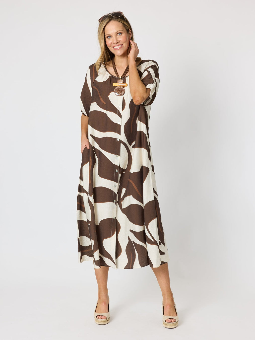 Clarity Bay Leaf Print Midi Dress - Mocha Multi in Mocha Multi