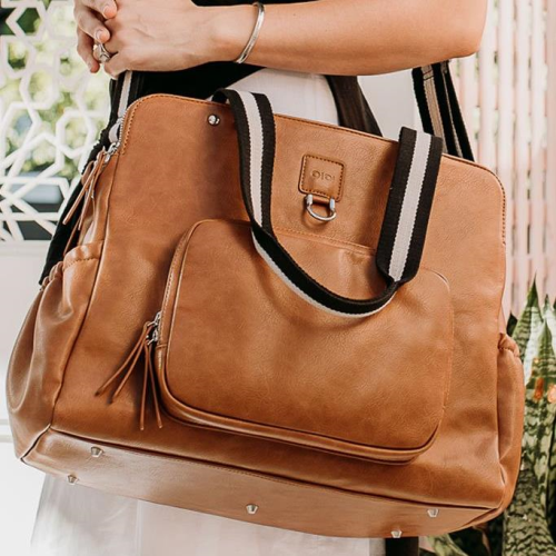 OiOi - Faux Leather Tote Triple Compartment Nappy Bag - Tan