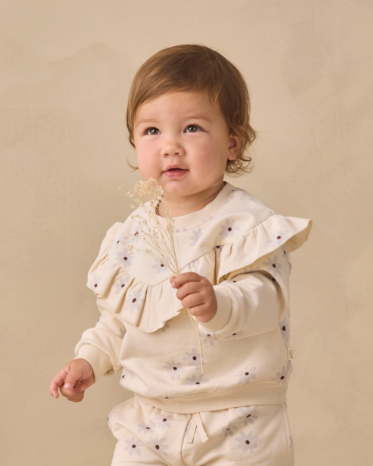 Quincy Mae Ruffle Fleece Sweatshirt Blue Daisy in NATURAL