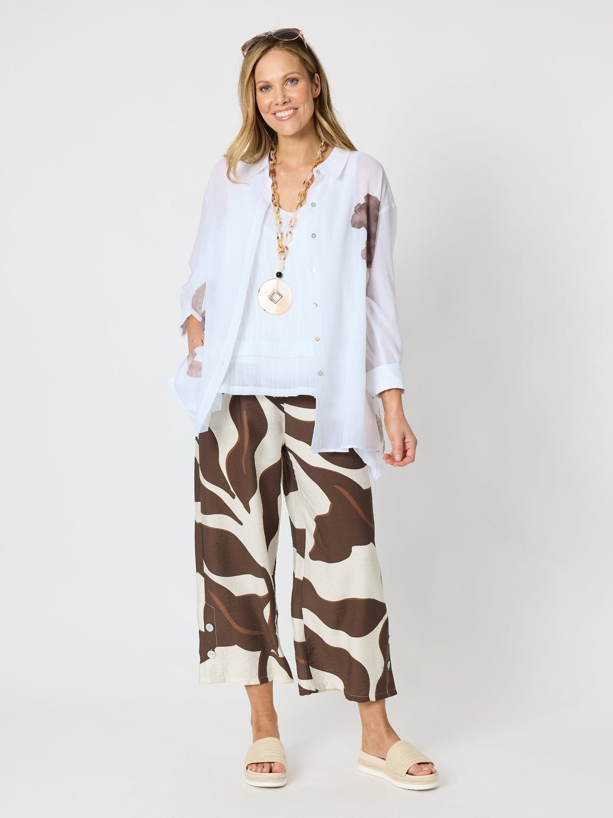 Clarity Bay Leaf Wide Leg Pant  - Mocha Multi in Mocha Multi