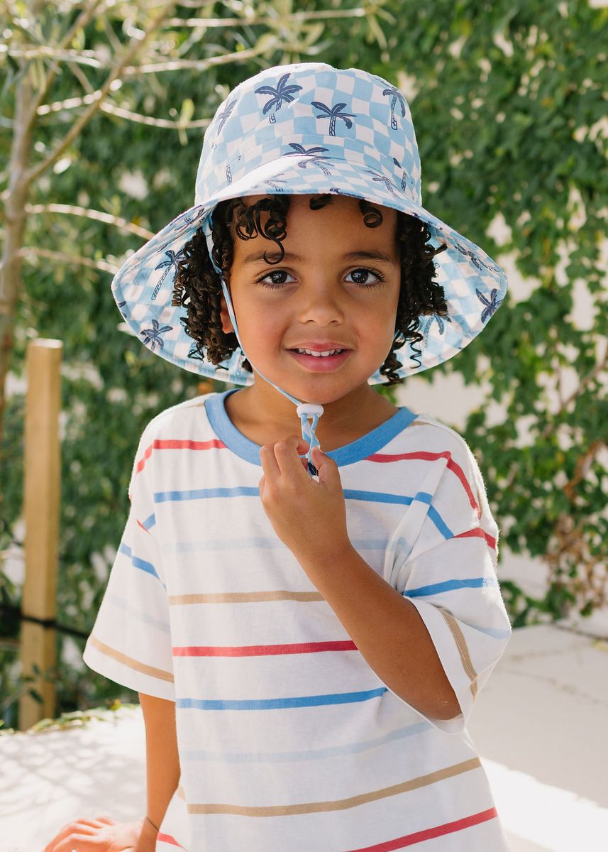 Acorn Kids Blue Checked Palms Wide Brim Bucket Hat in Blue, Cream and Navy