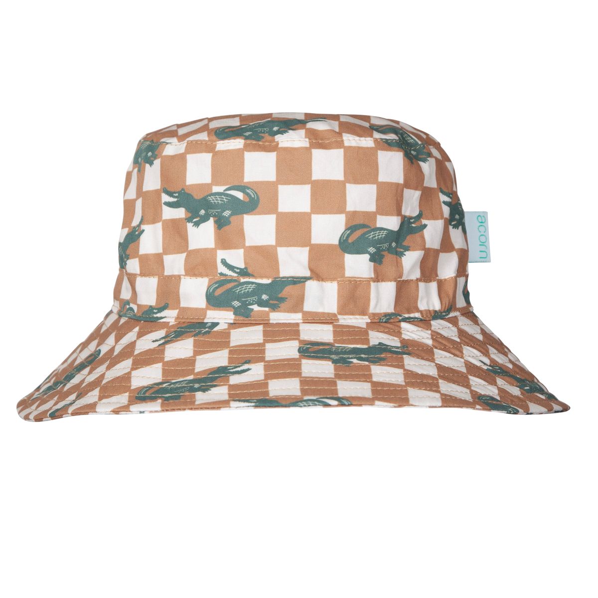 Acorn Kids Crocodile Checks Wide Brim Bucket Hat in Caramel, Cream and Green