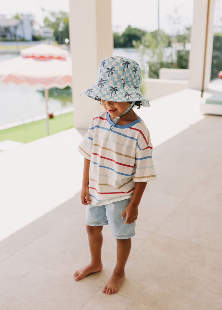 Acorn Kids Blue Checked Palms Wide Brim Bucket Hat in Blue, Cream and Navy