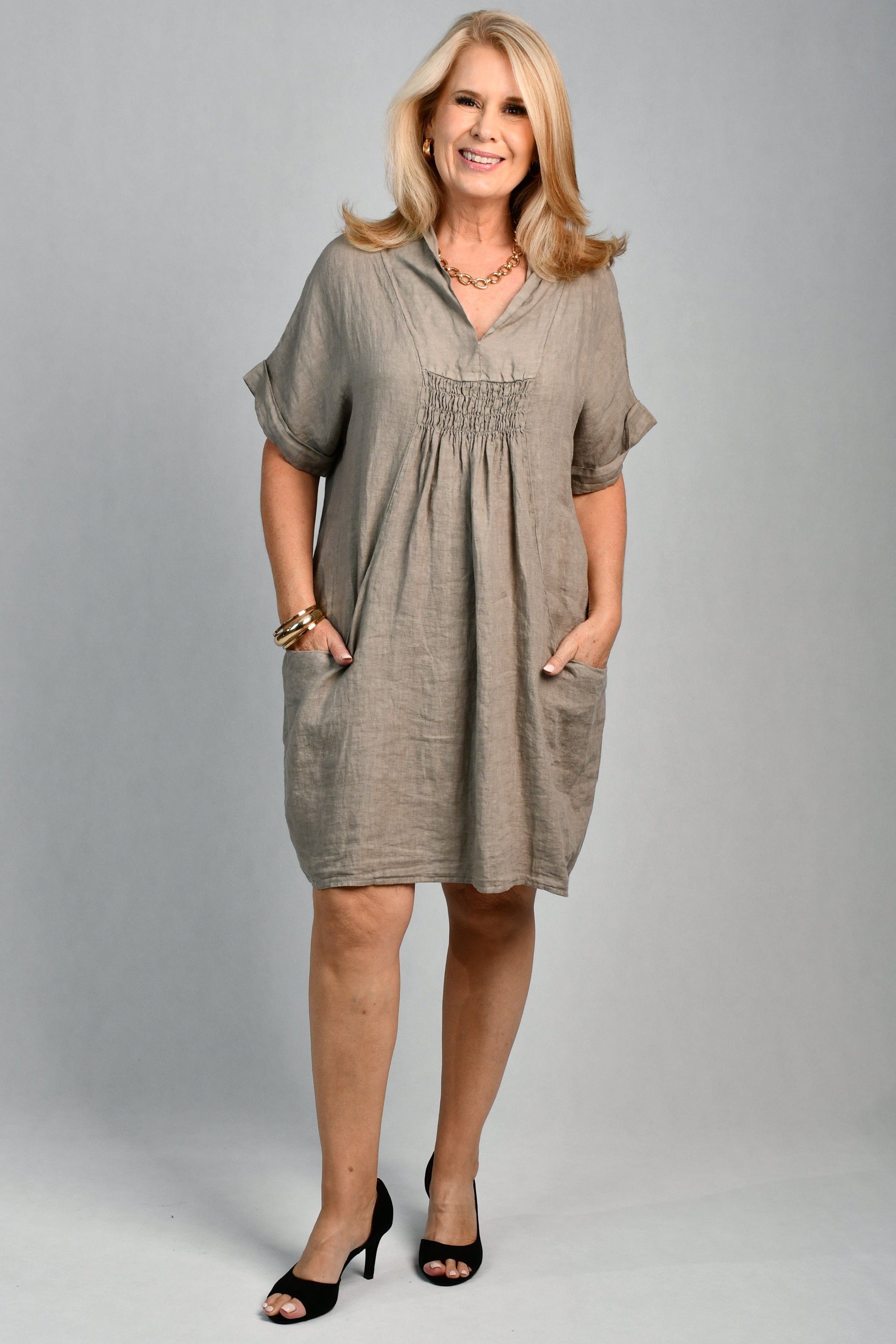 LA SOFIA VLSD370 (14590) - NINA LINEN DRESS - FANGO in Fango