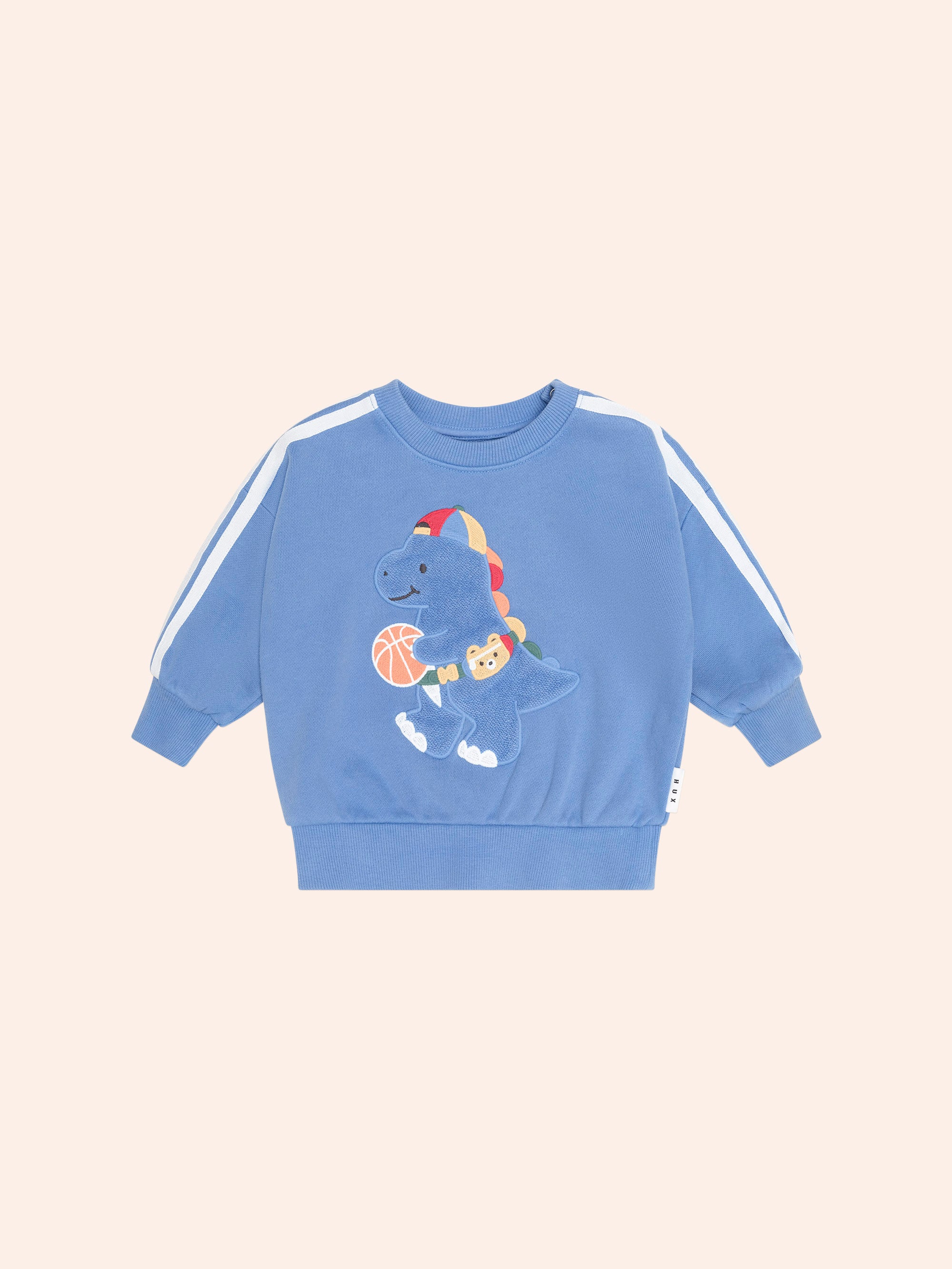 HUXBABY BALLER DINO SPORTY STRIPE SWEATSHIRT in VINTAGE BLUE GARMENT DYE