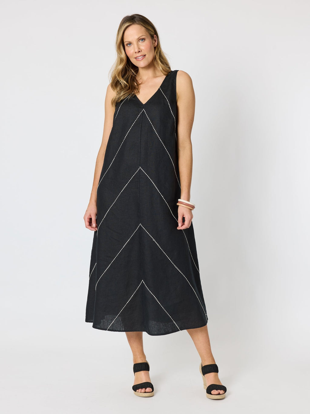 Hammock & Vine Haven Chevron Stitch Linen Dress - Black/White in Black/White