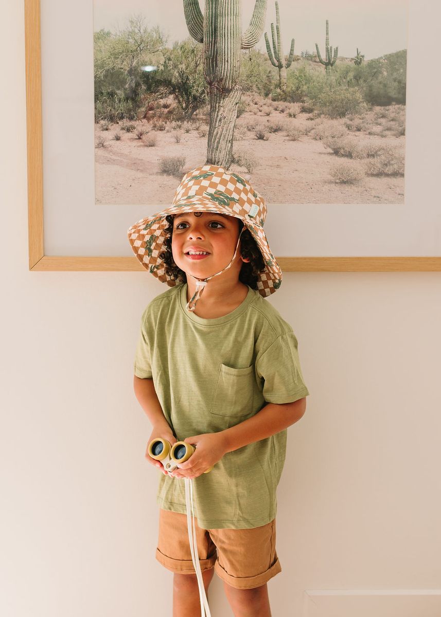 Acorn Kids Crocodile Checks Wide Brim Bucket Hat in Caramel, Cream and Green