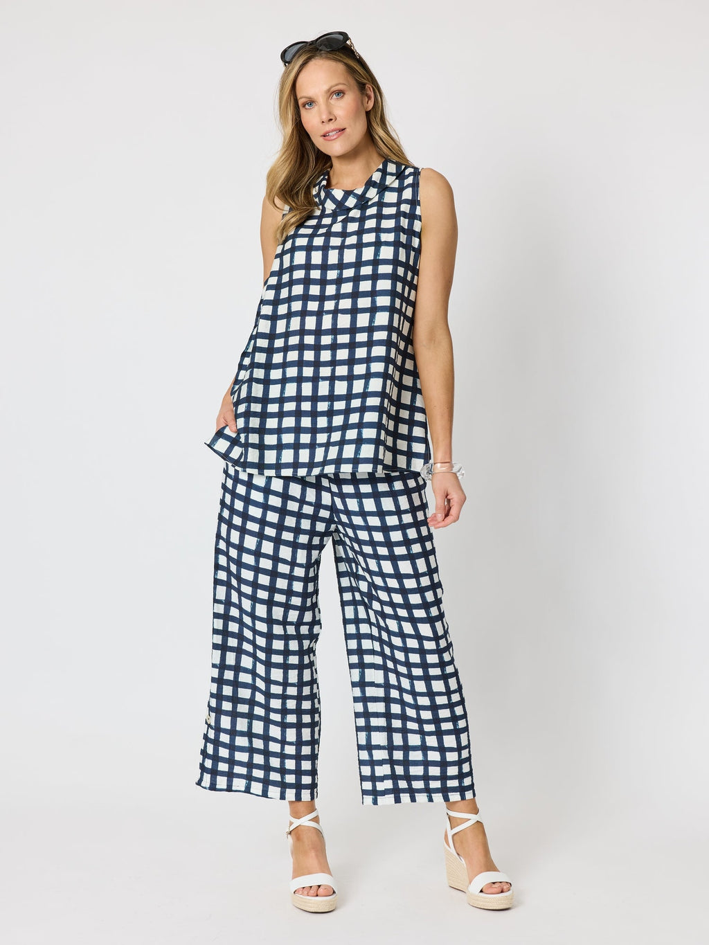 Clarity Monaco Grid Print Wide Leg Pant - Navy/White in Navy/White
