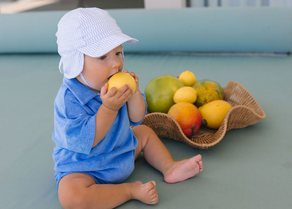 Acorn Kids Blue Sprinkle Soft Jersey Flap Cap in Blue and Cream