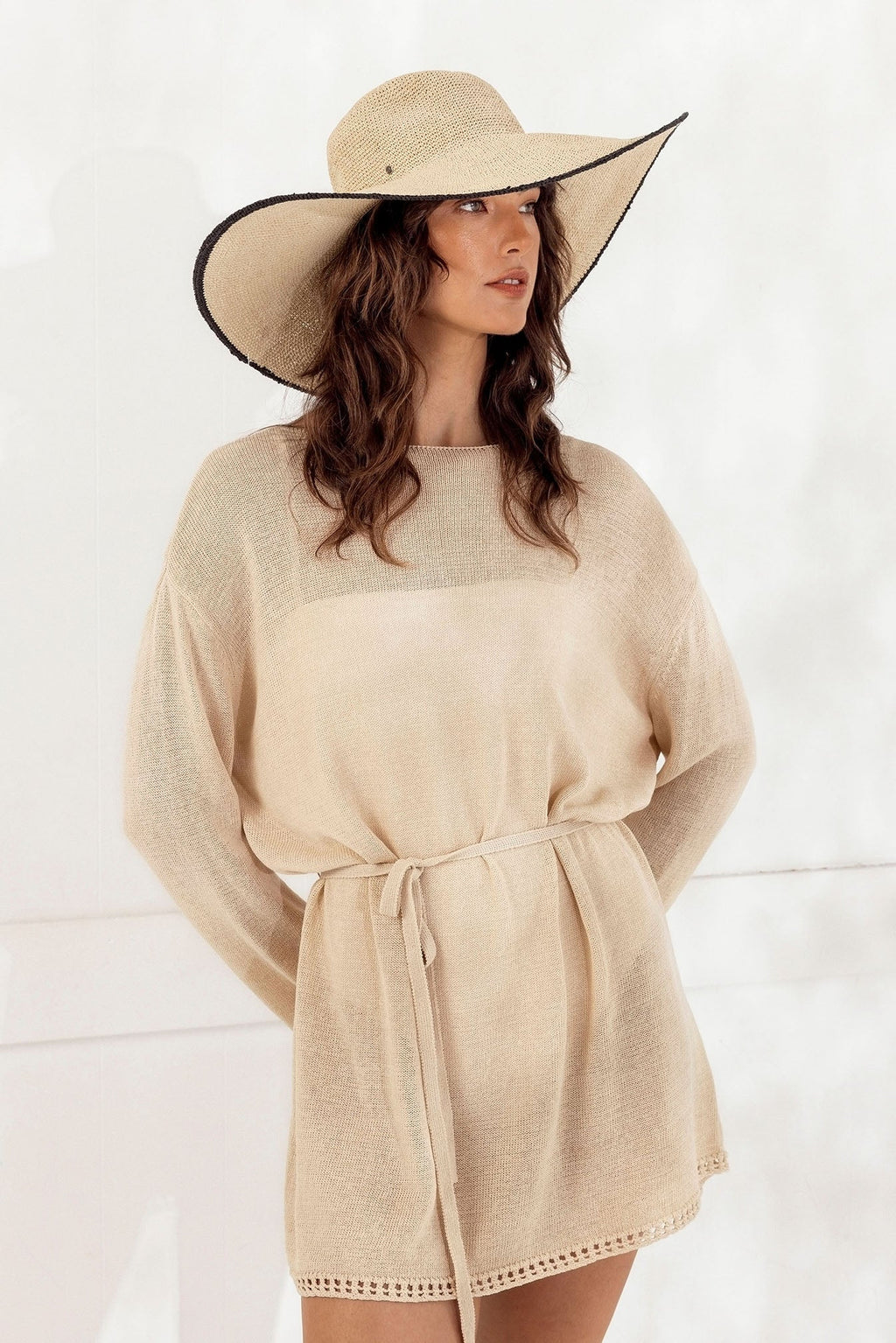 Morgan & Taylor Raegan Crochet Straw Sun Hat in Natural Beige and Black Stripe in Beige