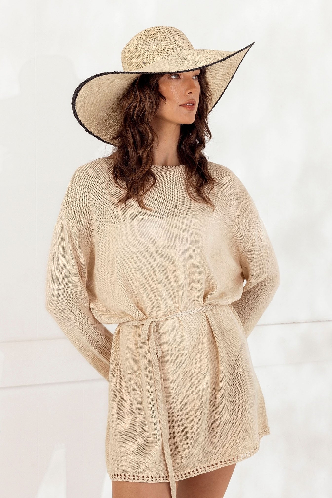 Morgan & Taylor Raegan Crochet Straw Sun Hat in Natural Beige and Black Stripe in Beige