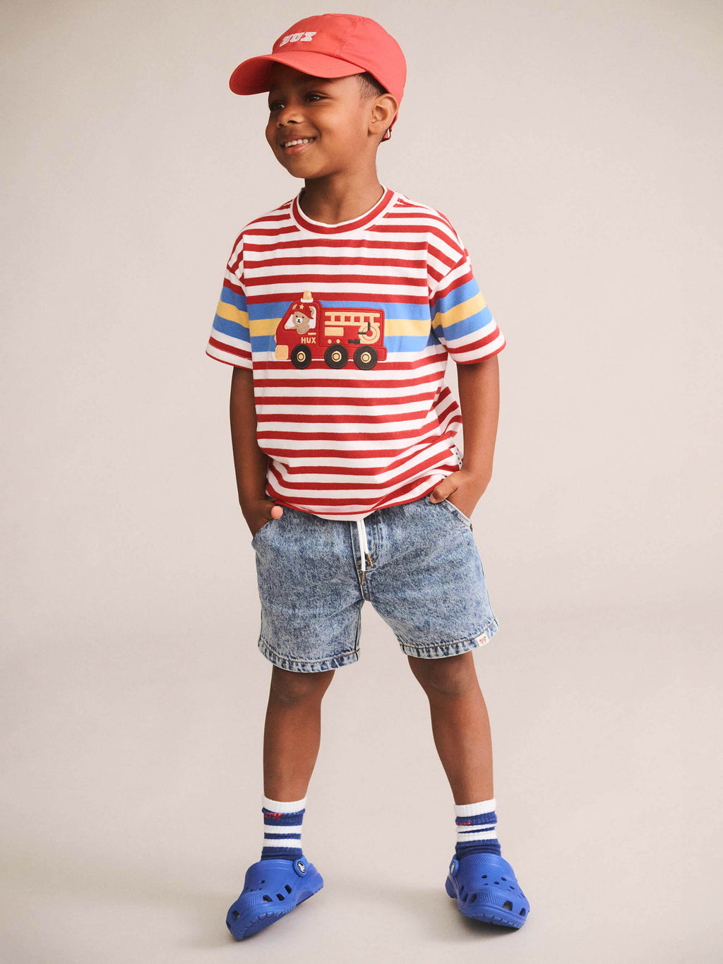 HUXBABY FIREMAN HUX STRIPE TEE in RACER RED /ALMOND MILK