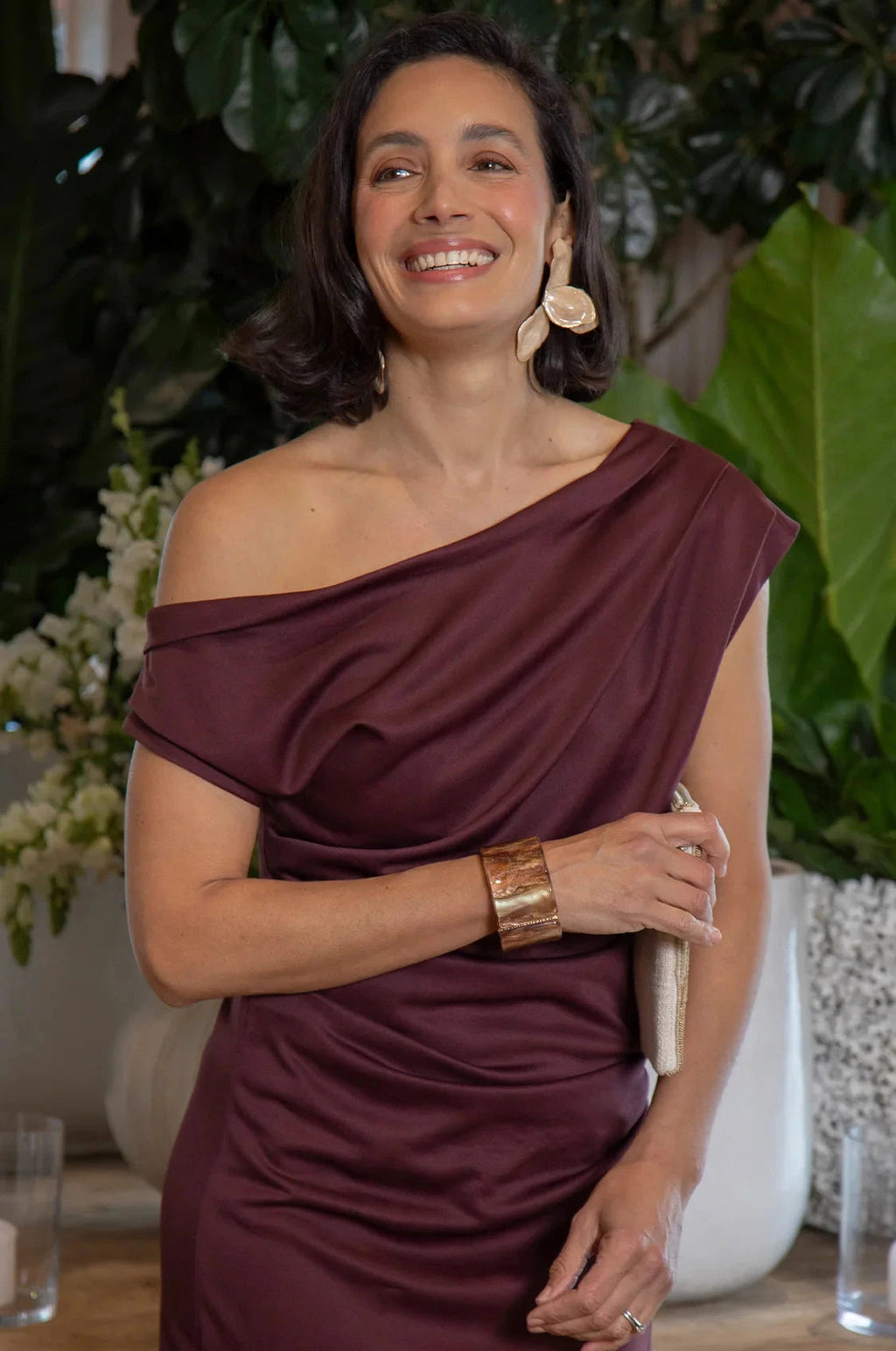 Carolina Roslyn Off Shoulder Midi Dress Burgundy in Single