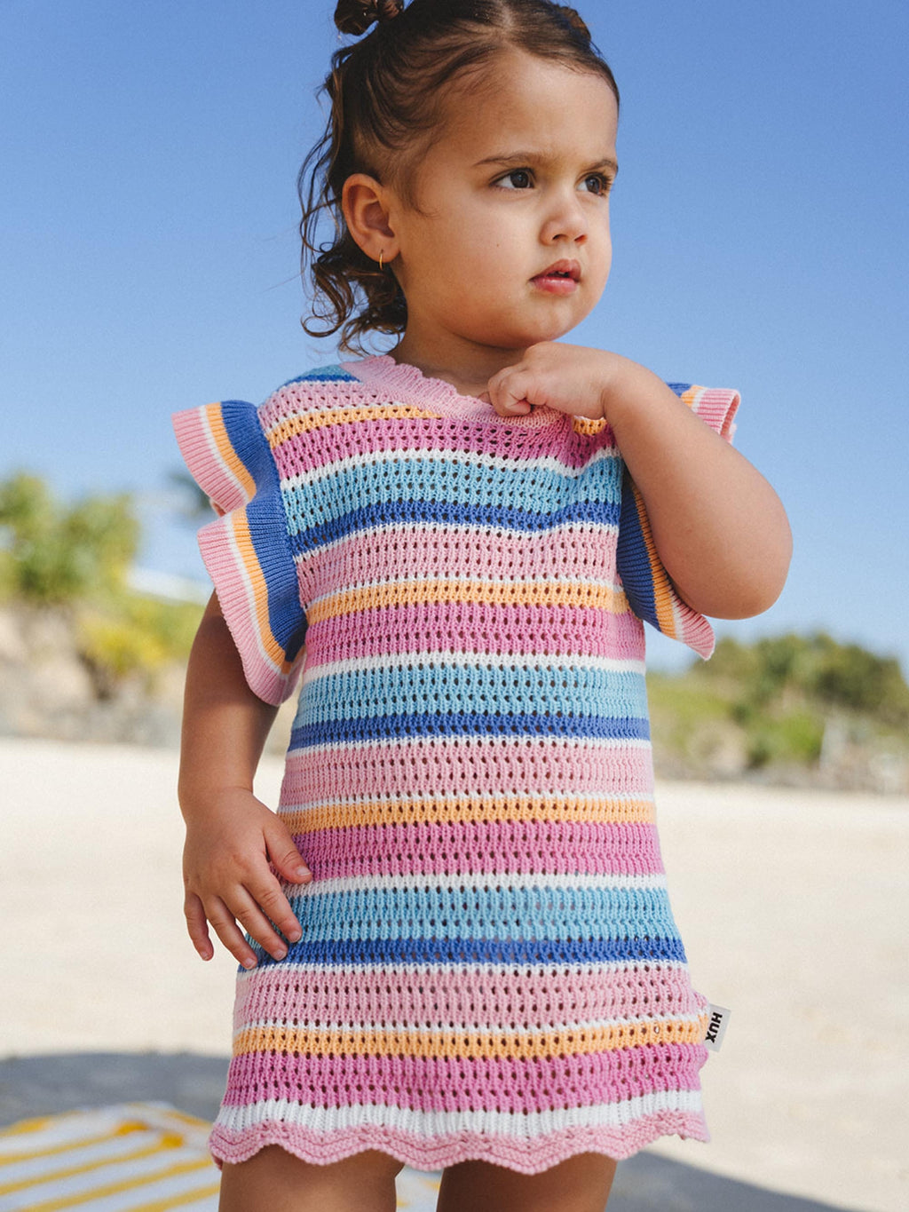 HUXBABY Beach Club Stripe Crochet Tie Dress in Single