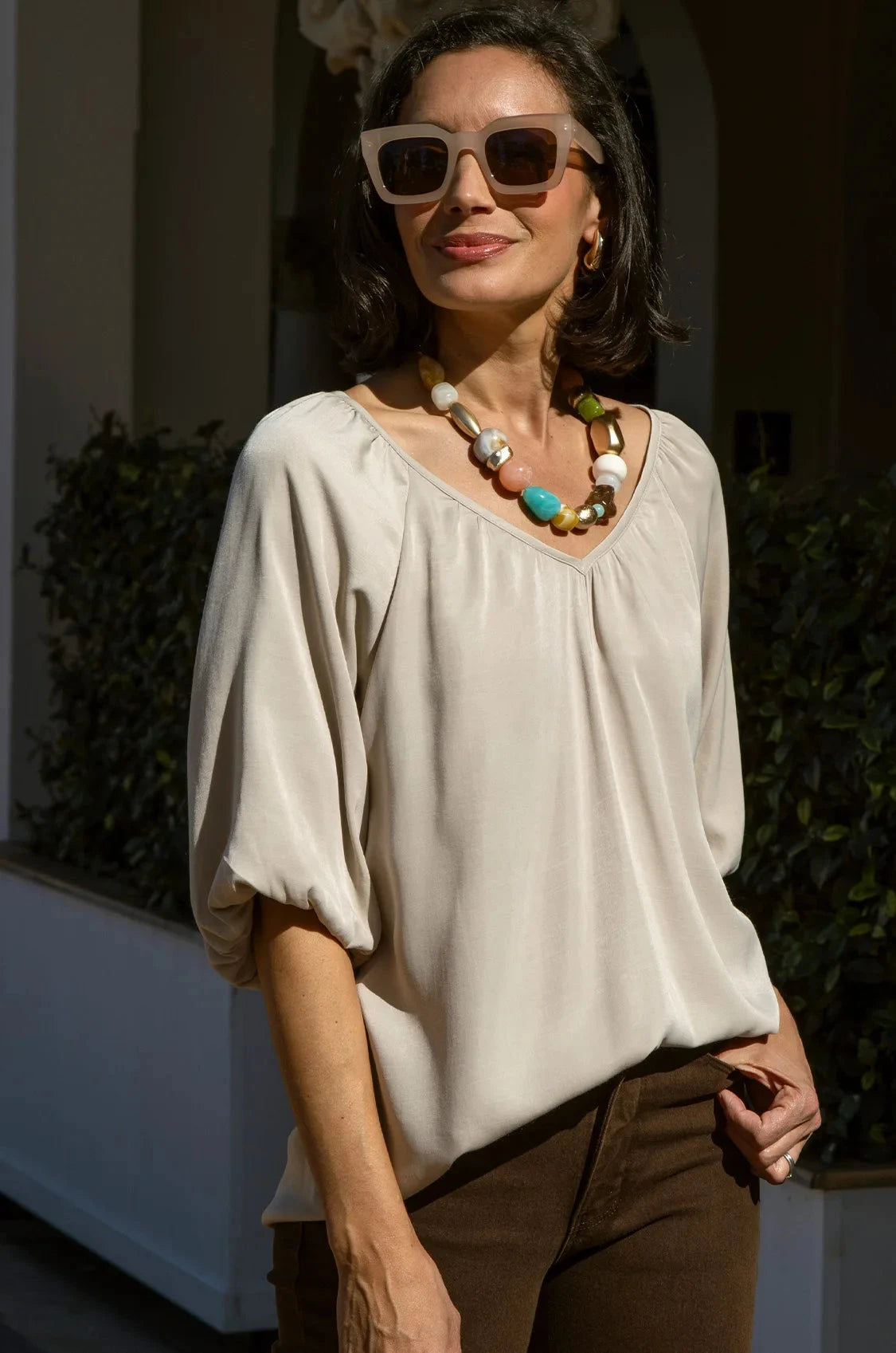 Carolina Mandy V Neck Mid Sleeve Top in Taupe in Single