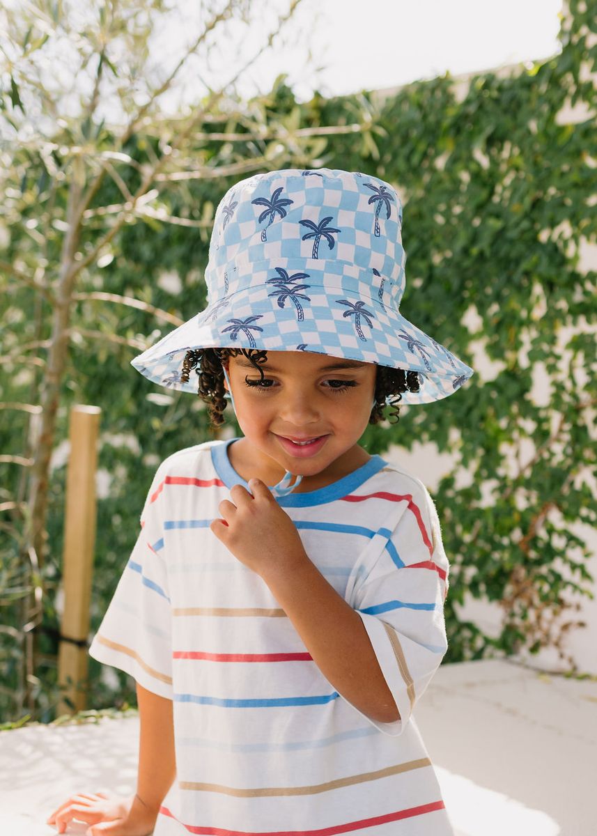 Acorn Kids Blue Checked Palms Wide Brim Bucket Hat in Blue, Cream and Navy