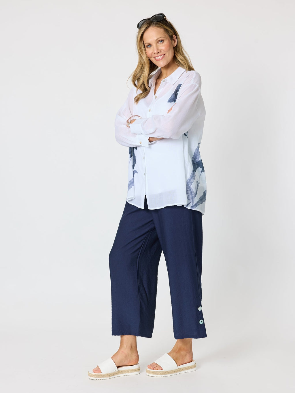 Clarity Rosa Floral Print Sheer Shirt - White/Navy in White/Navy