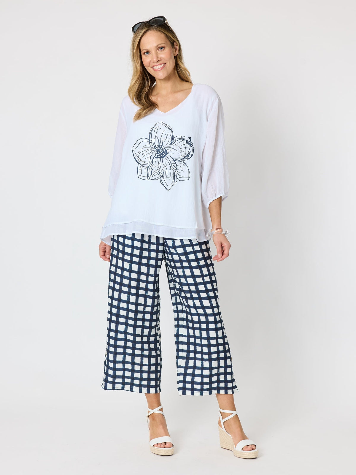 Clarity Monaco Grid Print Wide Leg Pant - Navy/White in Navy/White