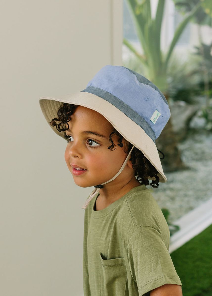 Acorn Kids Blue Colour Block Wide Brim Bucket Hat in Blue