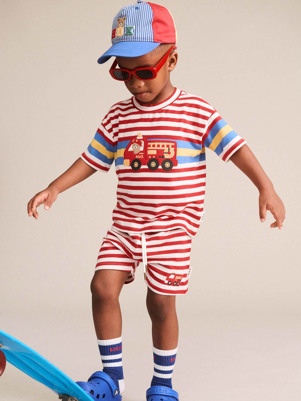 HUXBABY FIREMAN HUX STRIPE TEE in RACER RED /ALMOND MILK