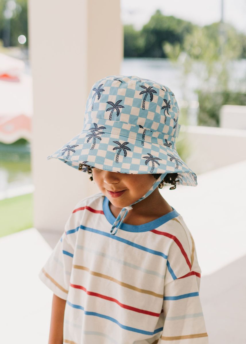 Acorn Kids Blue Checked Palms Wide Brim Bucket Hat in Blue, Cream and Navy