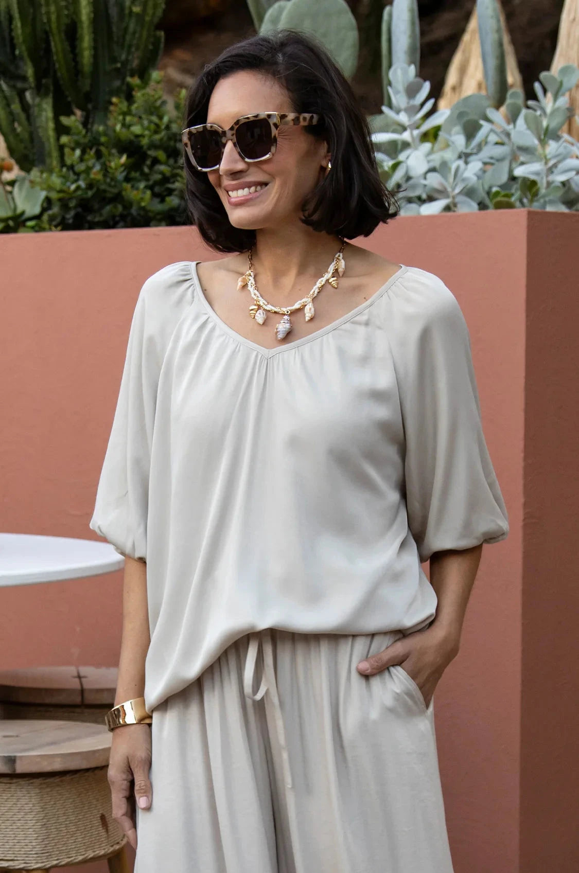 Carolina Mandy V Neck Mid Sleeve Top in Taupe in Single