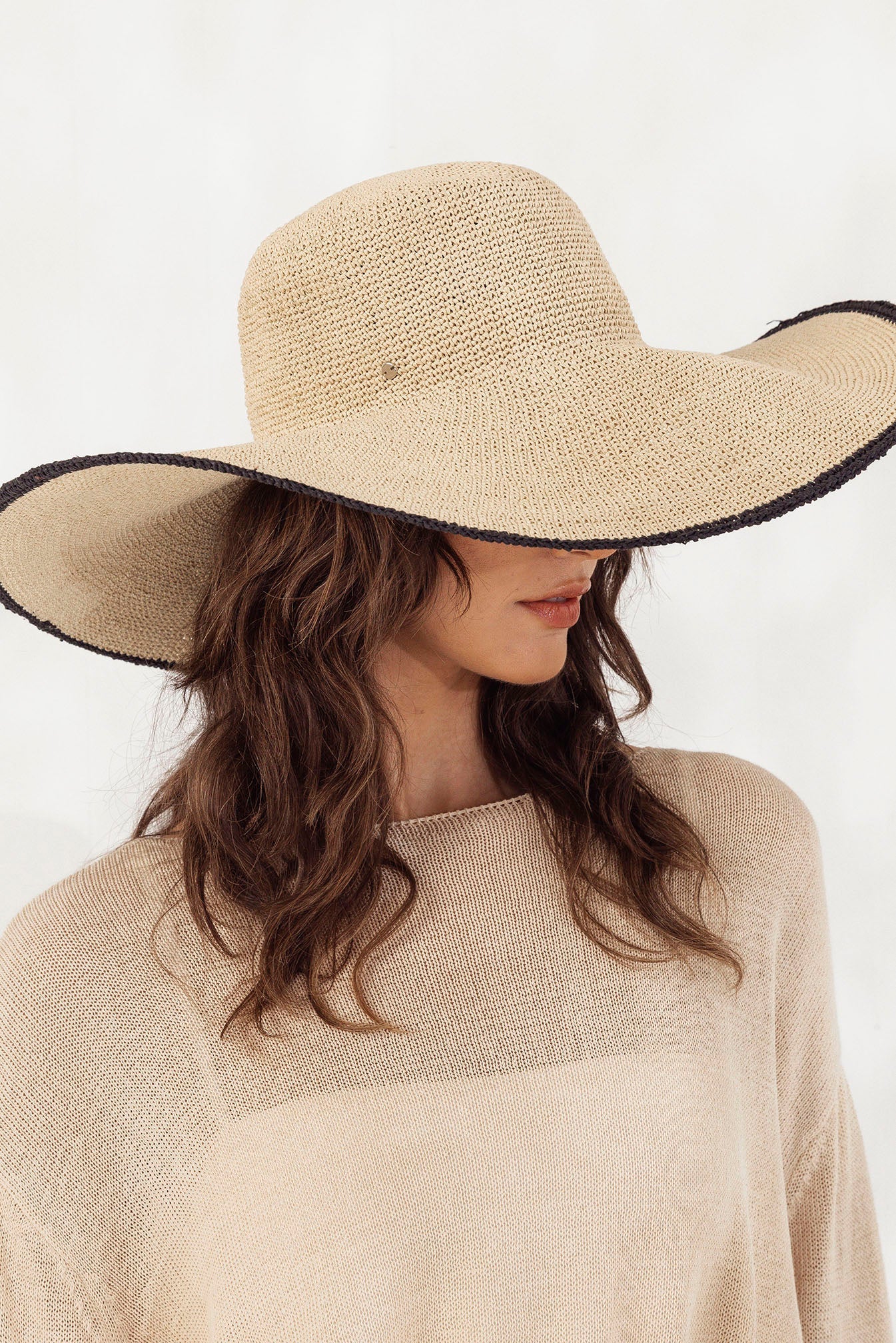 Morgan & Taylor Raegan Crochet Straw Sun Hat in Natural Beige and Black Stripe in Beige