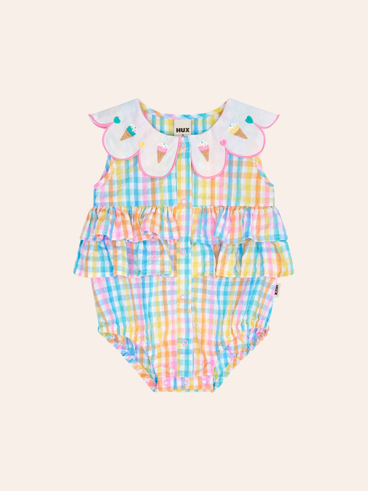HUXBABY Ice Cream Rainbow Check Collar Romper in Single