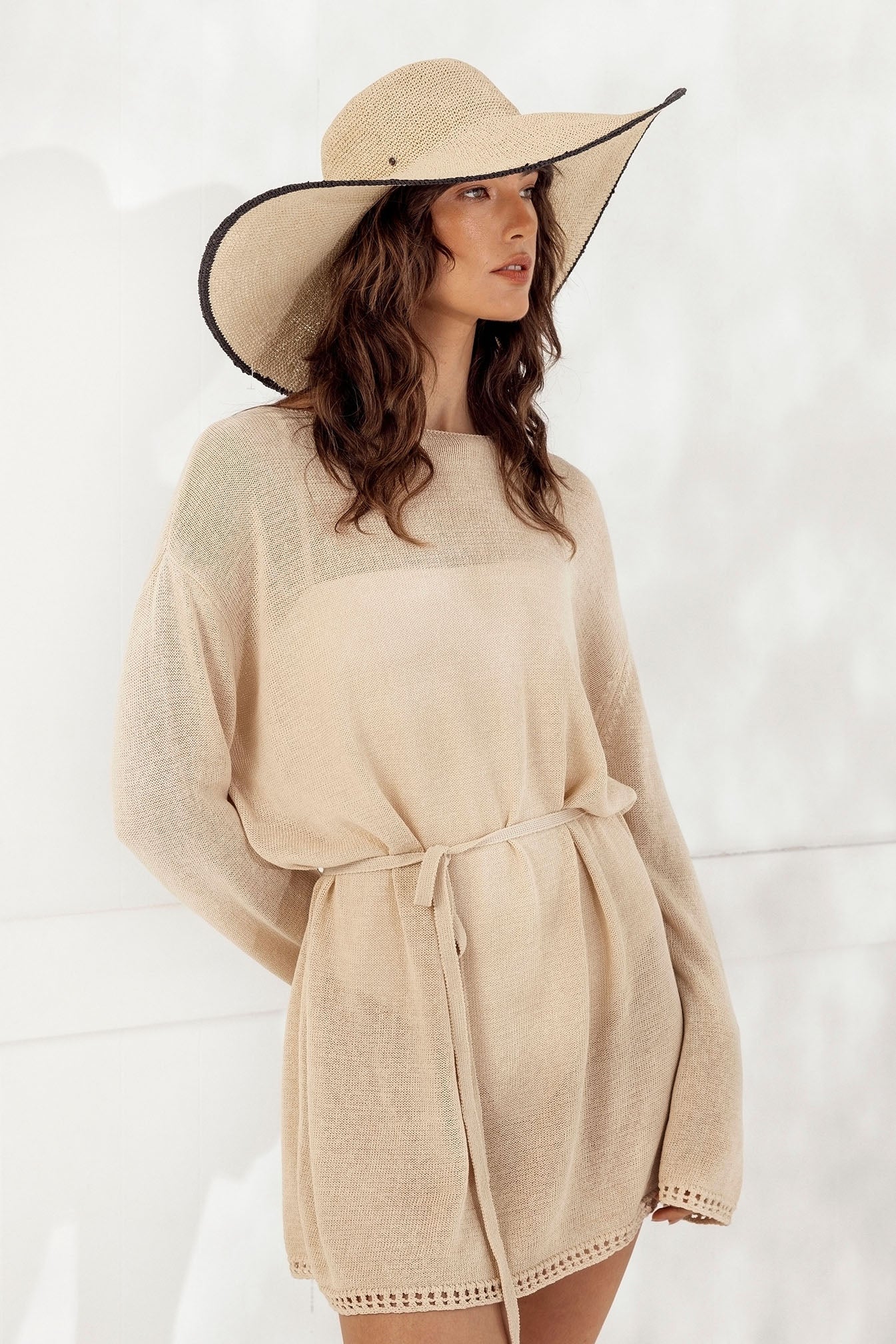 Morgan & Taylor Raegan Crochet Straw Sun Hat in Natural Beige and Black Stripe in Beige