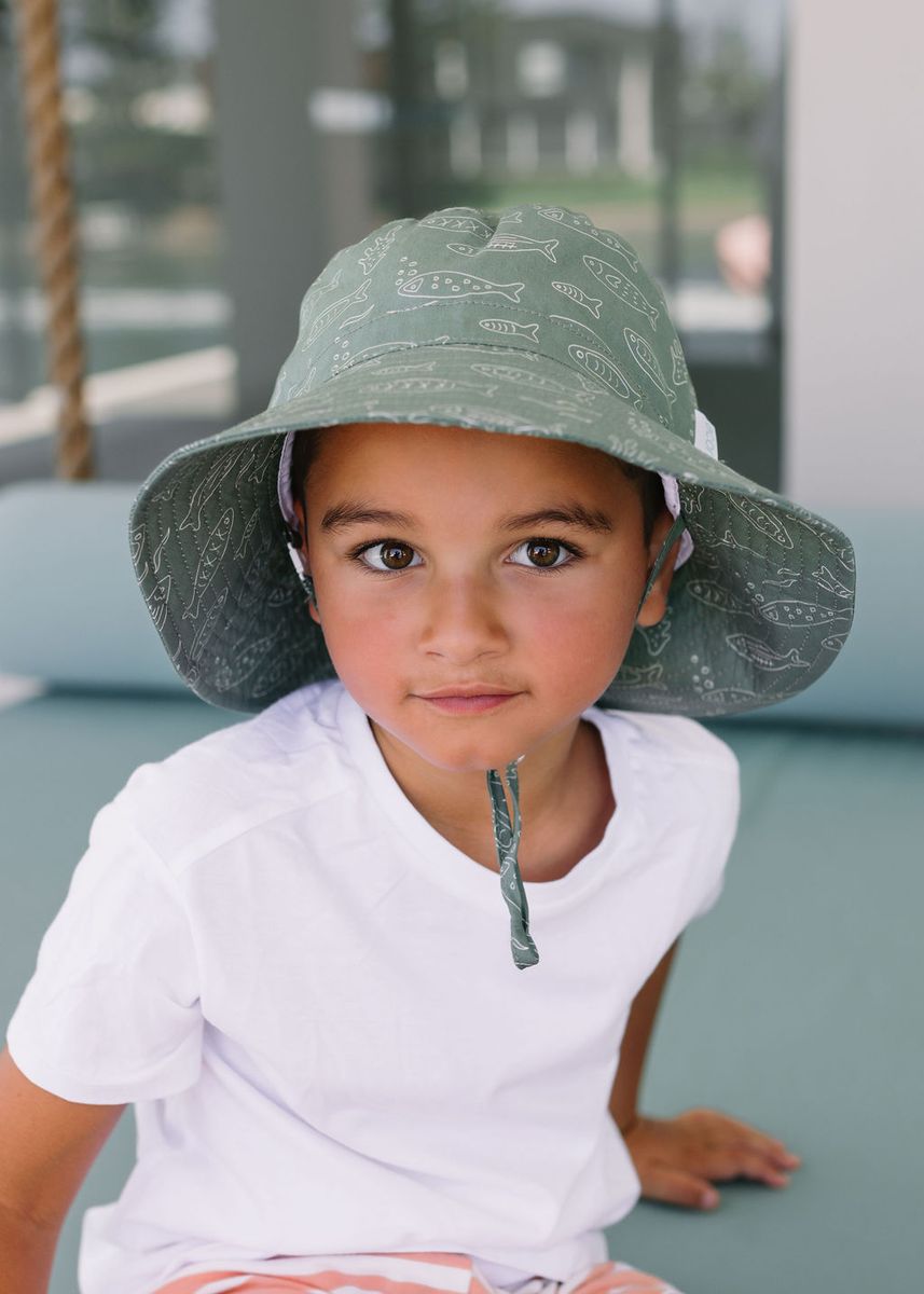 Acorn Kids School Of Fish Wide Brim Bucket Hat in Olive Green and White