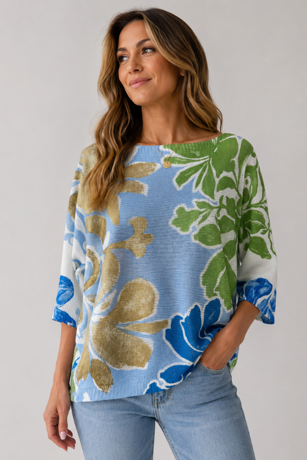 LA SOFIA VLST040 (9083) - FOIL KNIT TOP - TROPICANA SEA in Tropicana Sea