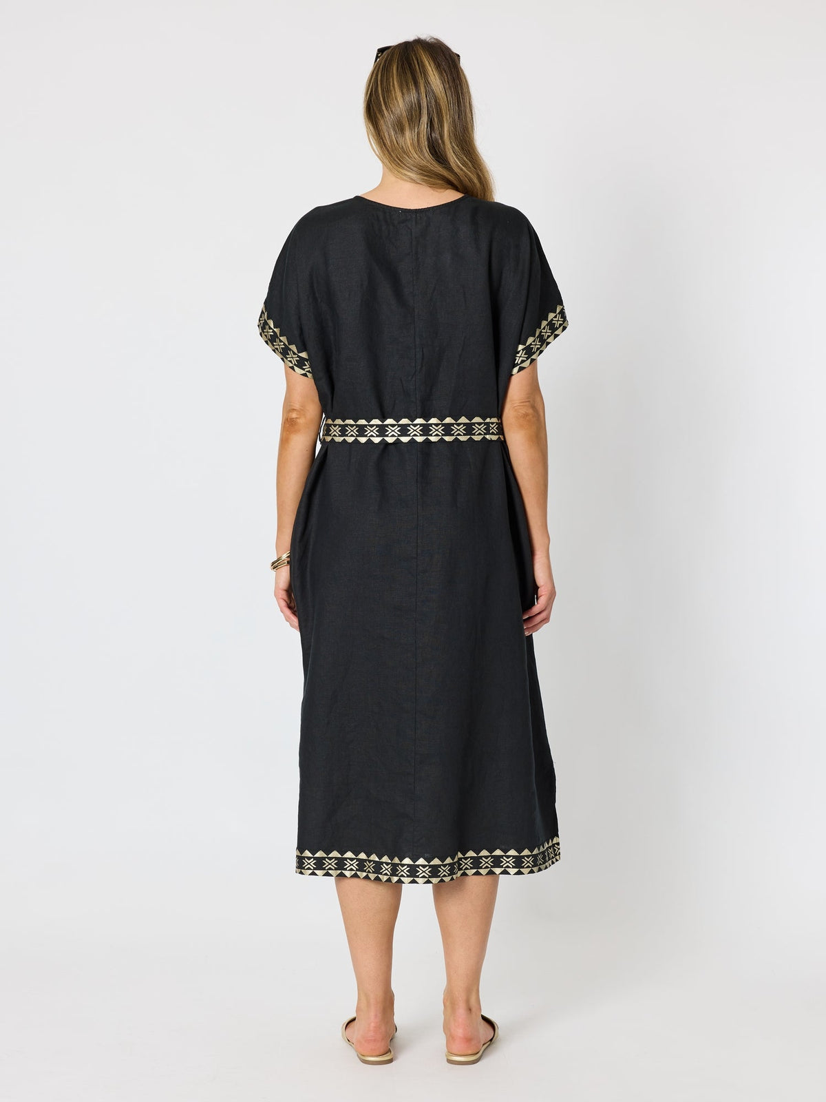 Hammock & Vine Soleil Foil Print Linen Dress - Black/Gold in Black/Gold