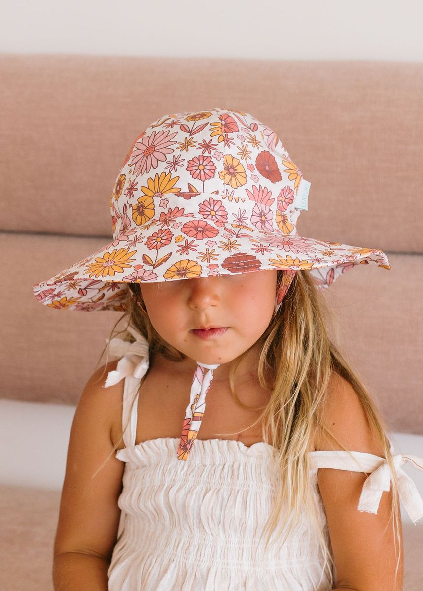 Acorn Kids Retro Blooms Wide Brim Sunhat in Cream, Pink and Amber