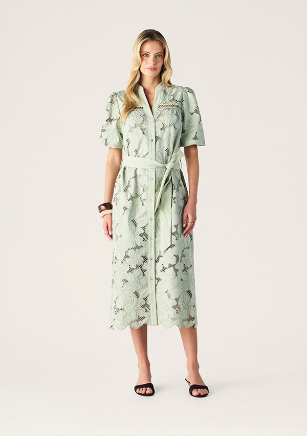 Mos The Label Whisper Embroidery Shirt Dress in Soft Grass
