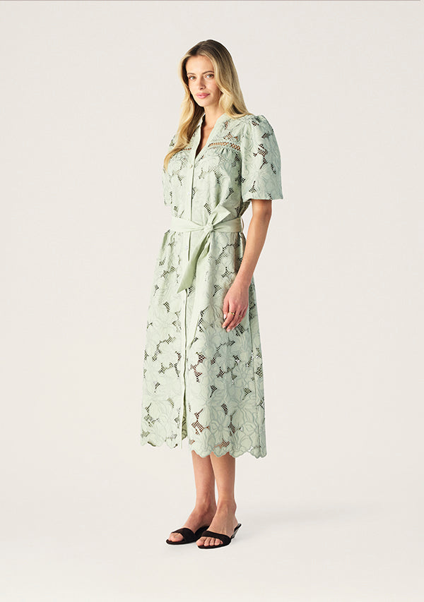 Mos The Label Whisper Embroidery Shirt Dress in Soft Grass