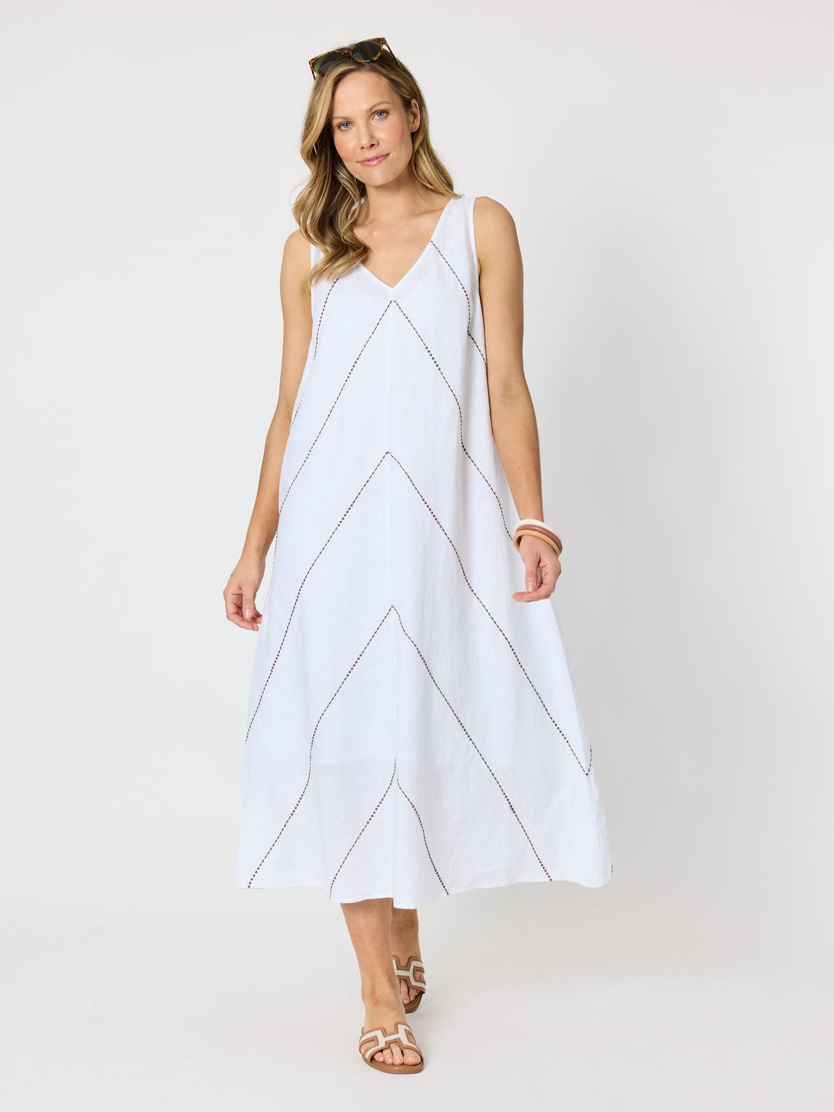 Hammock & Vine Haven Chevron Stitch Linen Dress - White Mocha in White Mocha