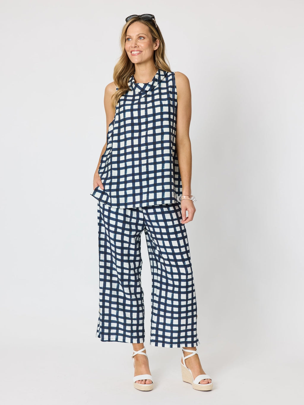 Clarity Monaco Grid Print Top - Navy/White in Navy/White