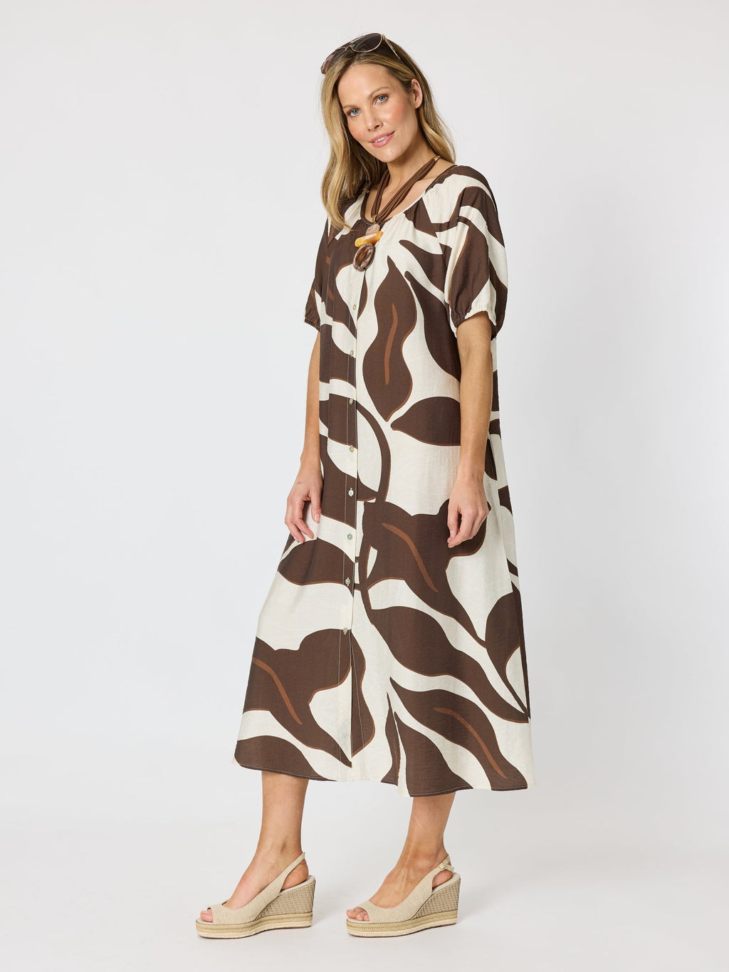 Clarity Bay Leaf Print Midi Dress - Mocha Multi in Mocha Multi