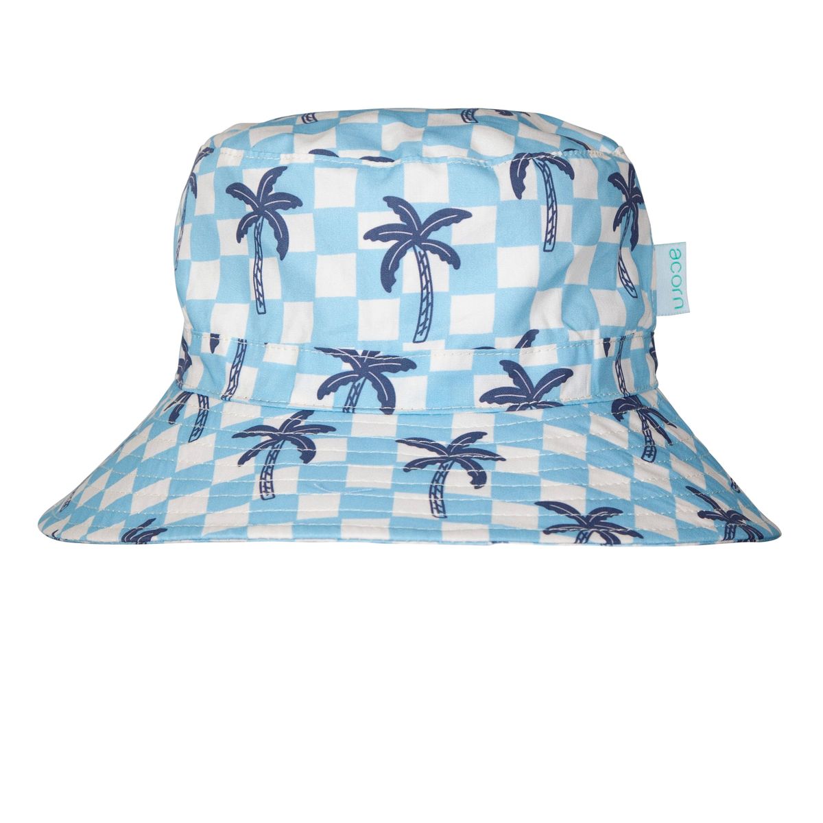 Acorn Kids Blue Checked Palms Wide Brim Bucket Hat in Blue, Cream and Navy