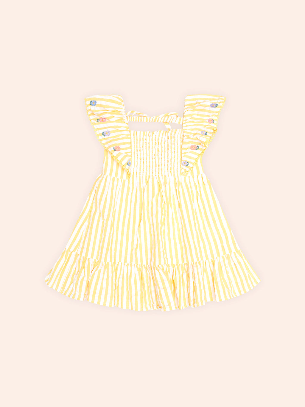 HUXBABY FLOWER FIELD STRIPE SHIRRED DRESS in GOLDEN/ALMOND MILK