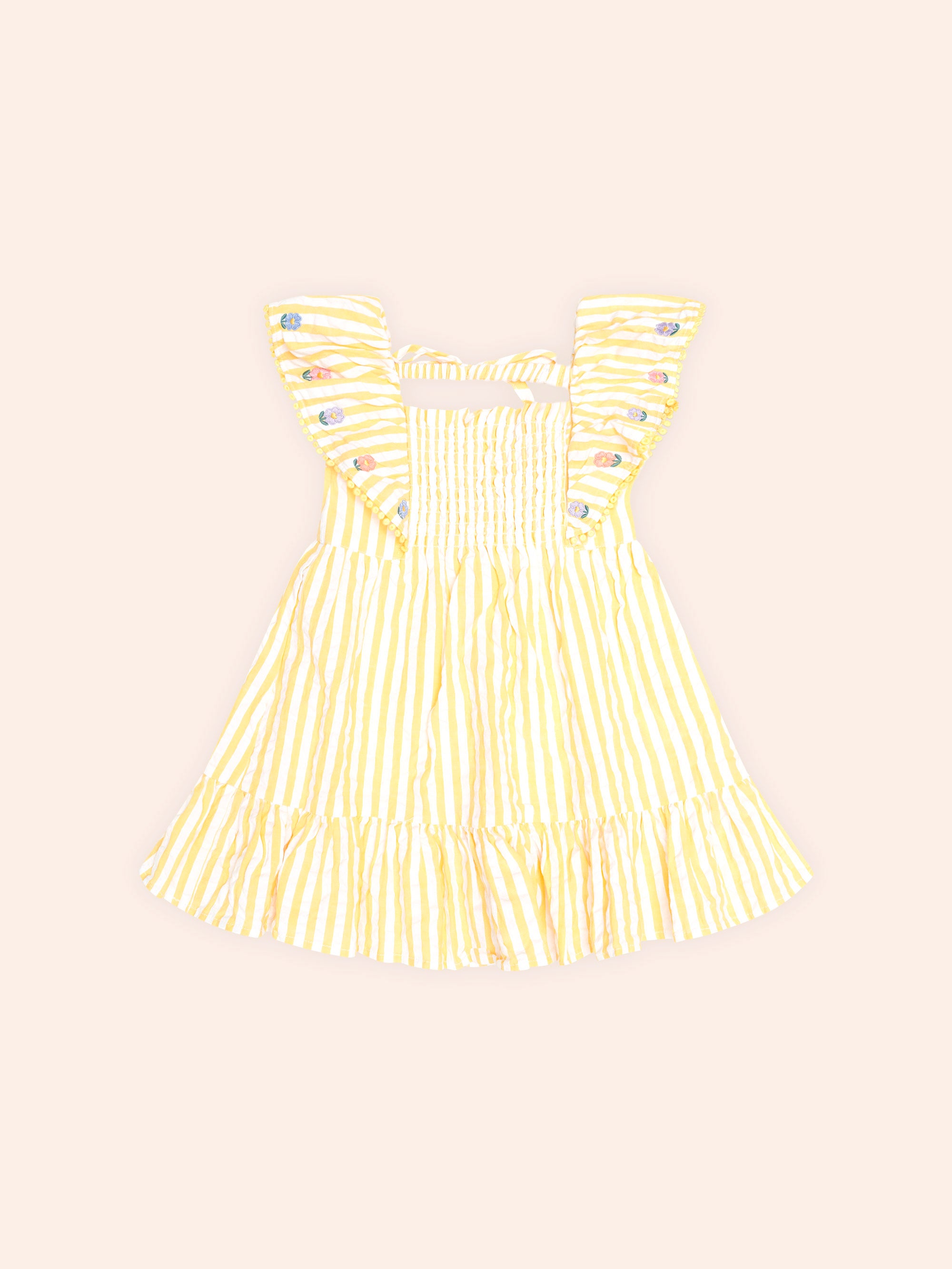 HUXBABY FLOWER FIELD STRIPE SHIRRED DRESS in GOLDEN/ALMOND MILK