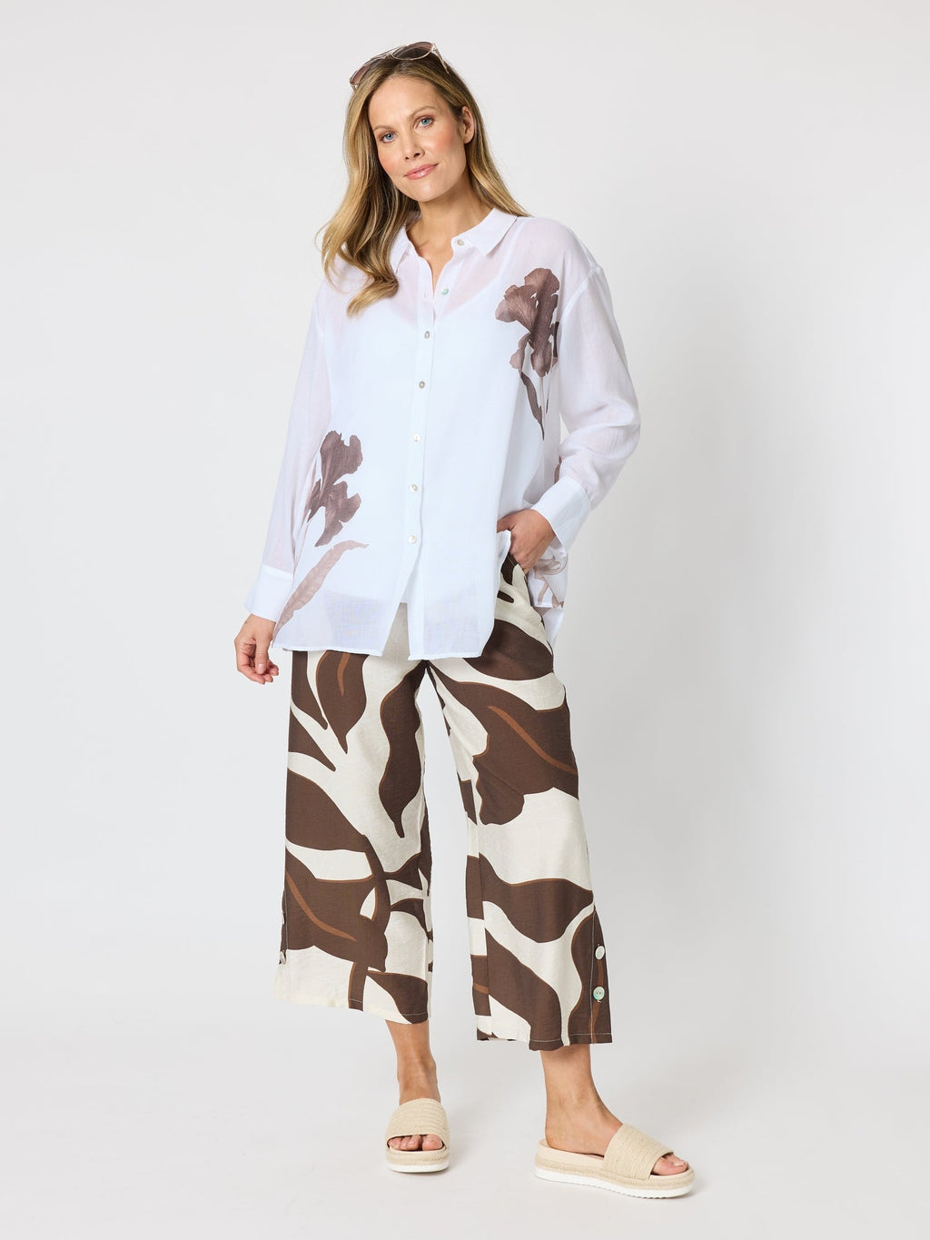 Clarity Rosa Floral Print Sheer Shirt - White Mocha in White Mocha