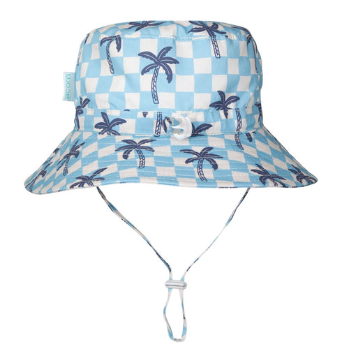 Acorn Kids Blue Checked Palms Wide Brim Bucket Hat in Blue, Cream and Navy