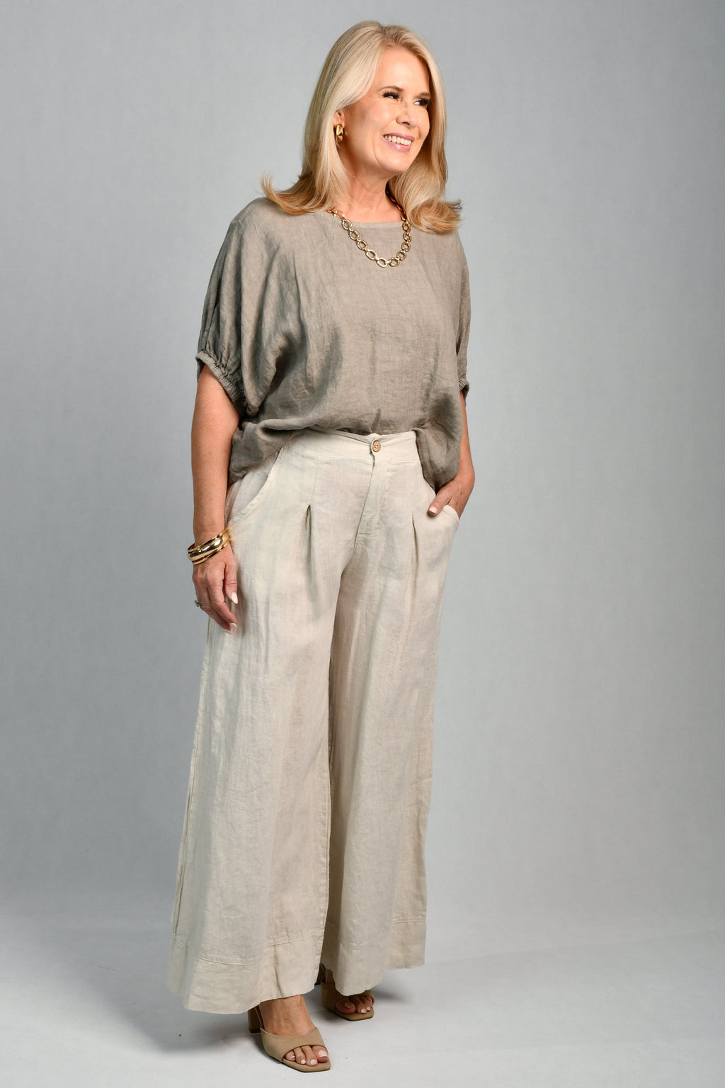 LA SOFIA VLST370 (13141) - MARTINA LINEN TOP - FANGO in Fango