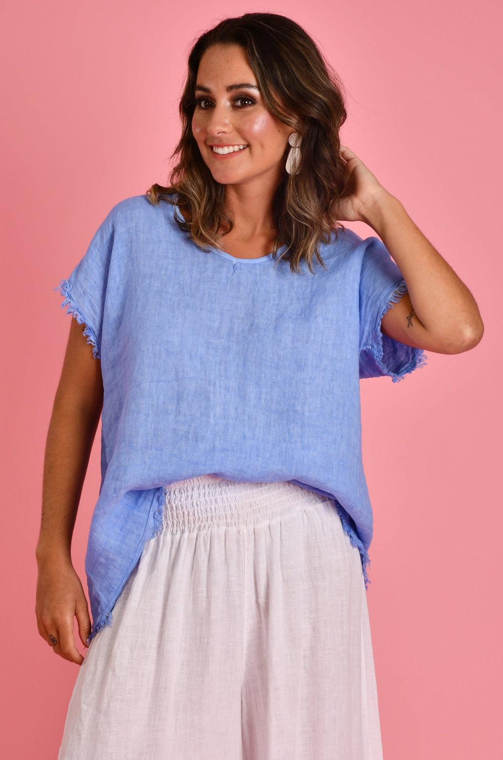 LA SOFIA VLST350 (22C811) - CAPRI LINEN T SHIRT - SEA BLUE in Sea Blue