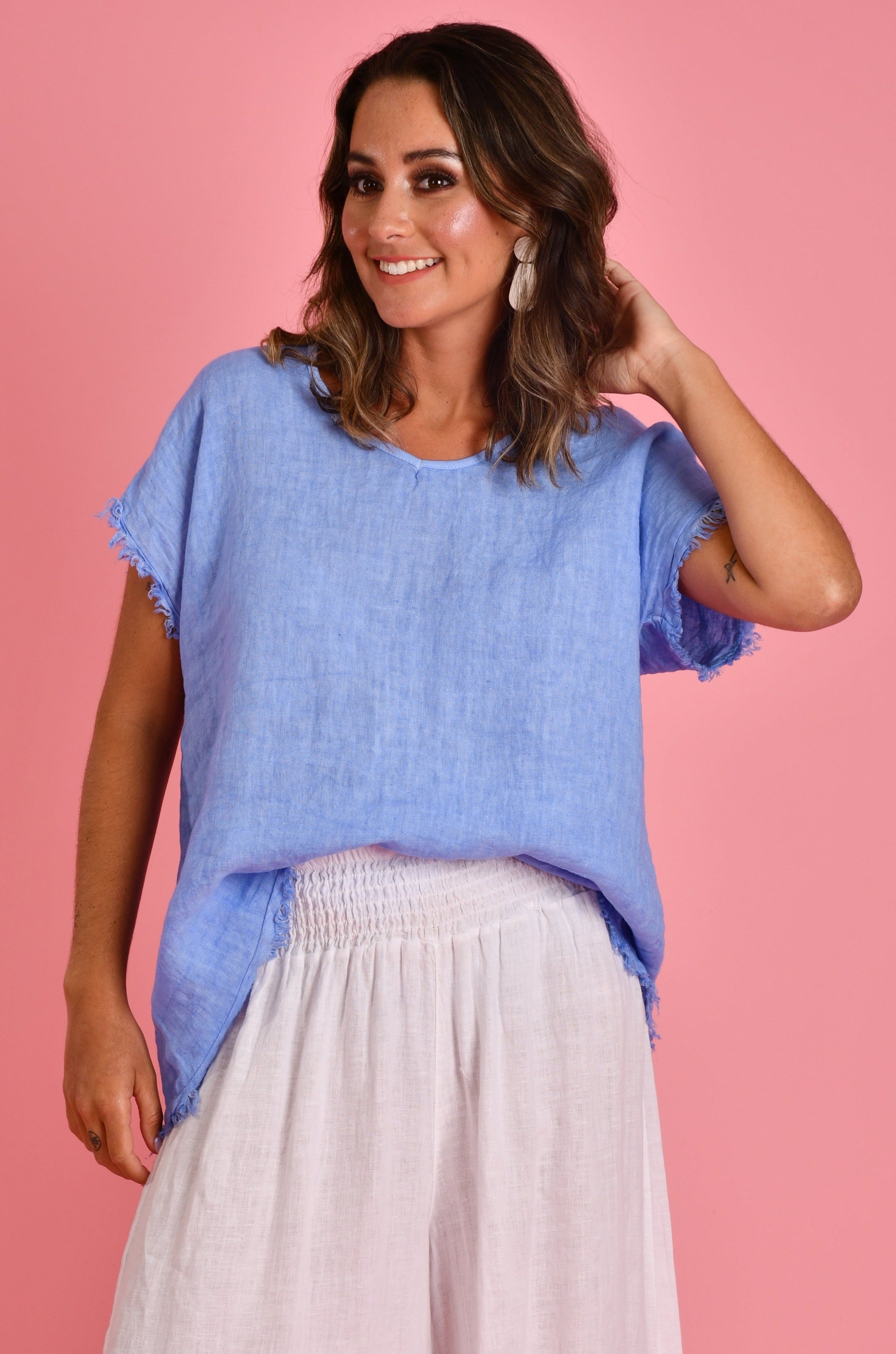 LA SOFIA VLST350 (22C811) - CAPRI LINEN T SHIRT - SEA BLUE in Sea Blue