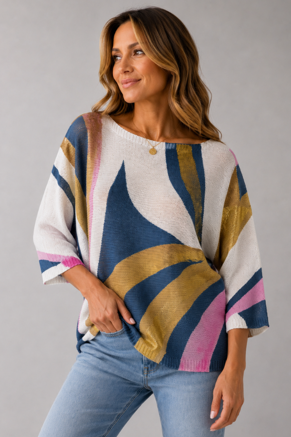 LA SOFIA VLST040 (9083) - FOIL KNIT TOP - GOLDEN TIDE BLUE in Golden Tide Blue