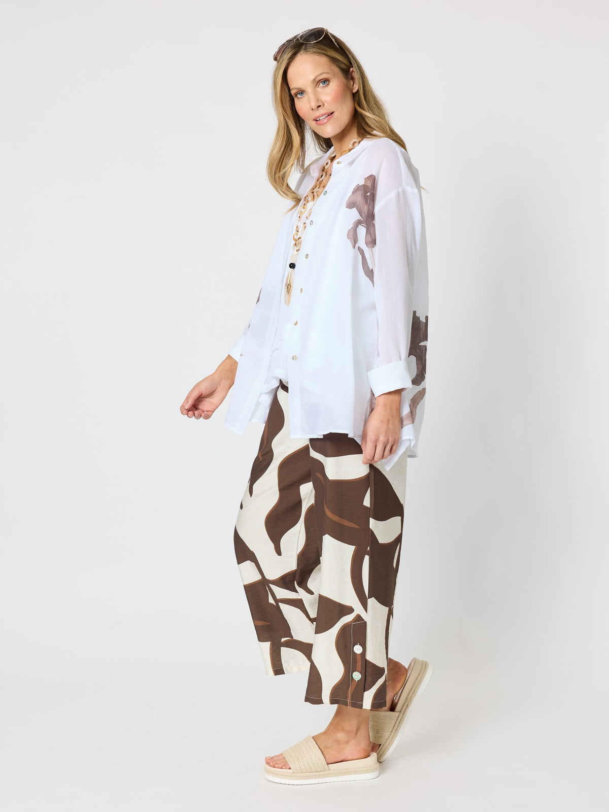 Clarity Rosa Floral Print Sheer Shirt - White Mocha in White Mocha